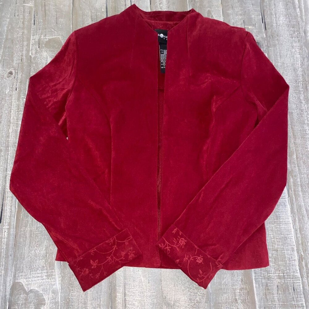 Sag‎ Harbor Velvet Blazer Womens Size 8 Jacket Burgundy Floral Cuffs Open Front